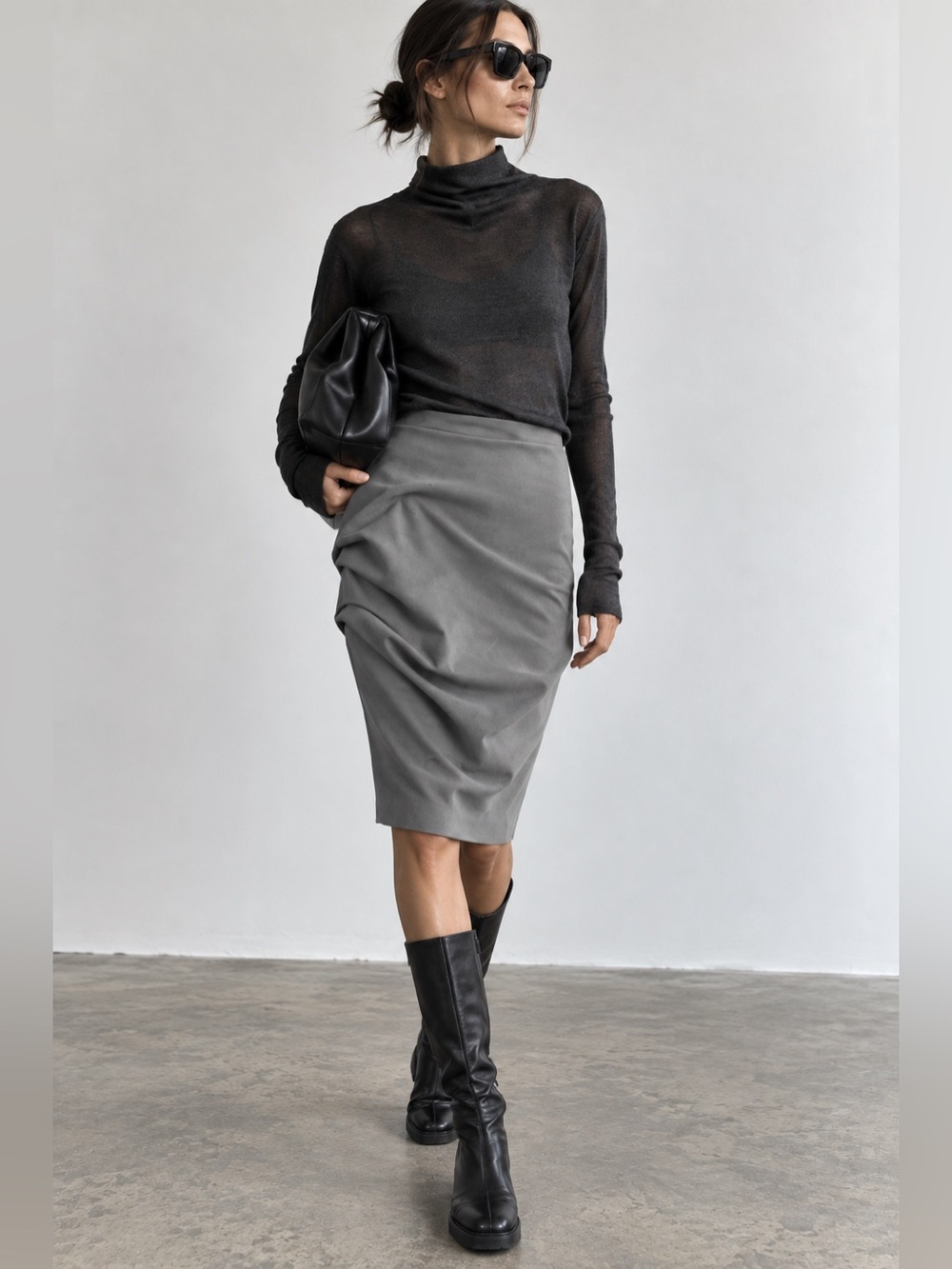 Brunello Cucinelli Gunex Draped Jersey Pencil Skirt Gray Italy US4 Quiet Luxury